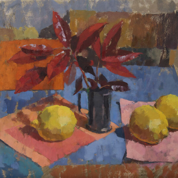 Ben Brotherton - Citron et feuilles rouges - huile sur bois - 40 x 50 cm - 1000€