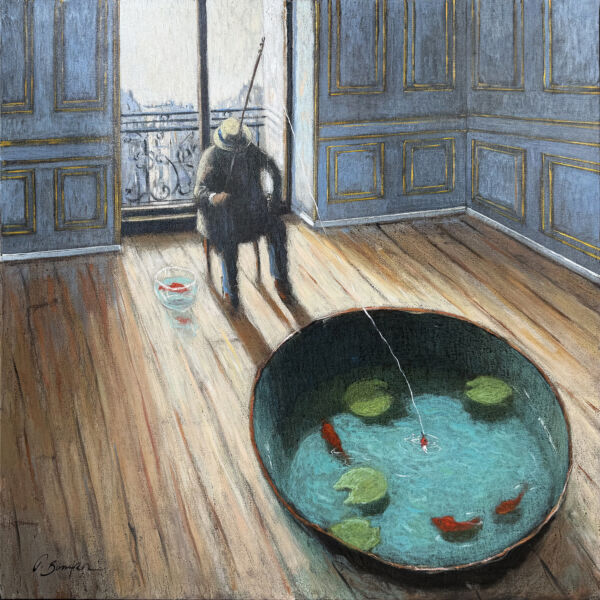 Thomas Bossard - Pêche à la ligne - huile sur toile - 80 x 80 cm