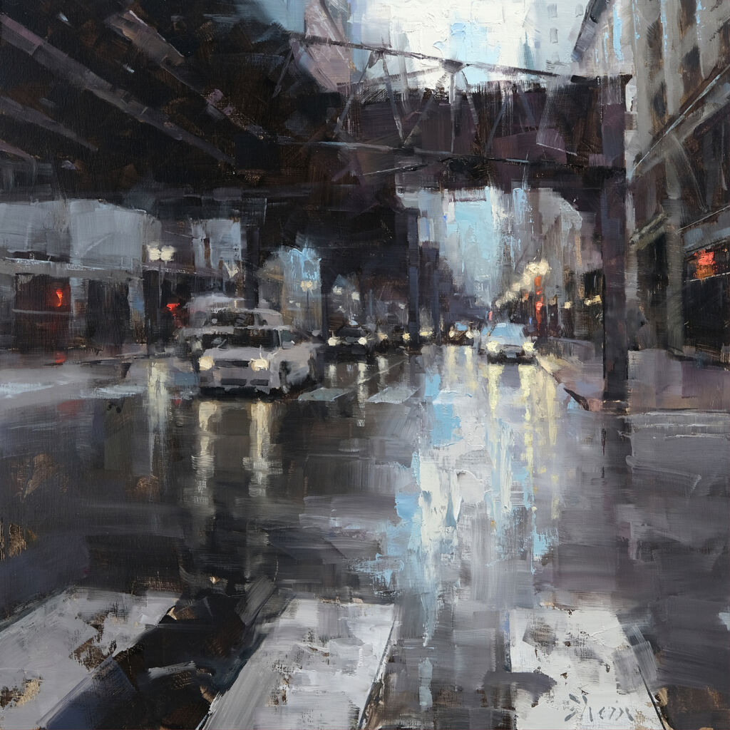 Jacob Dhein - Chicago loop in the rain - huile sur bois - 60 x 60 cm - 4200 €