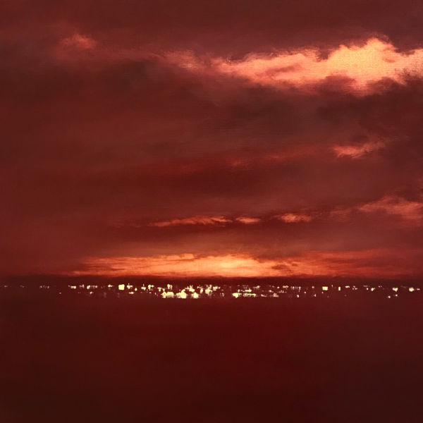 Robert Wellings - Distant Lights - Red Evening - huile sur toile - 61 x 61 cm - 3900 €