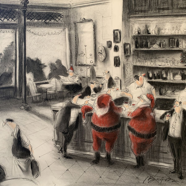 Thomas Bossard - La tournée du Père Noël - Dessin sur papier, fusain et pastels - 50 x 68 cm - 1200 €