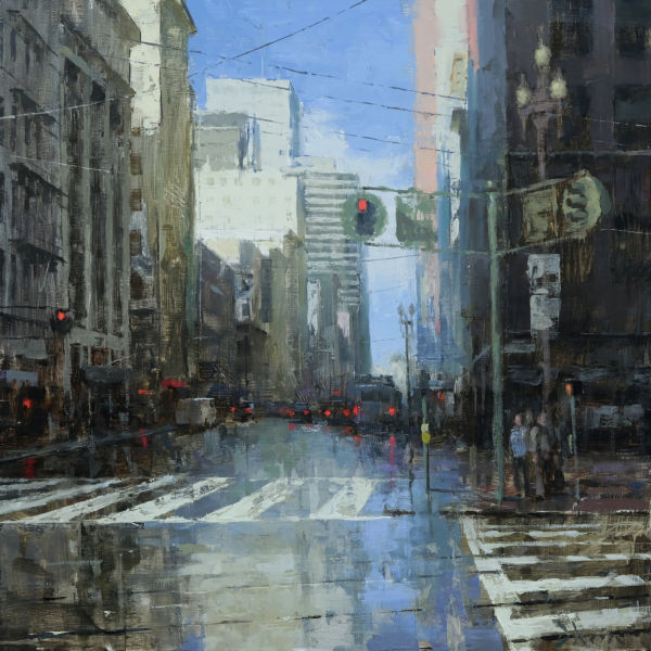 Jacob Dhein - After the Rain on Kearny Street - huile sur bois - 60 x 60 cm - 4200 €