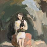 Swan Scalabre - Woman with black cat - huile sur bois - 20 x 15 cm