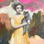 Swan Scalabre - Woman with blue cat - huile sur bois - 12 x 7 cm