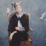 Iva Tesorio - Pierrot et les colombes - huile sur toile - 71 x 90 cm