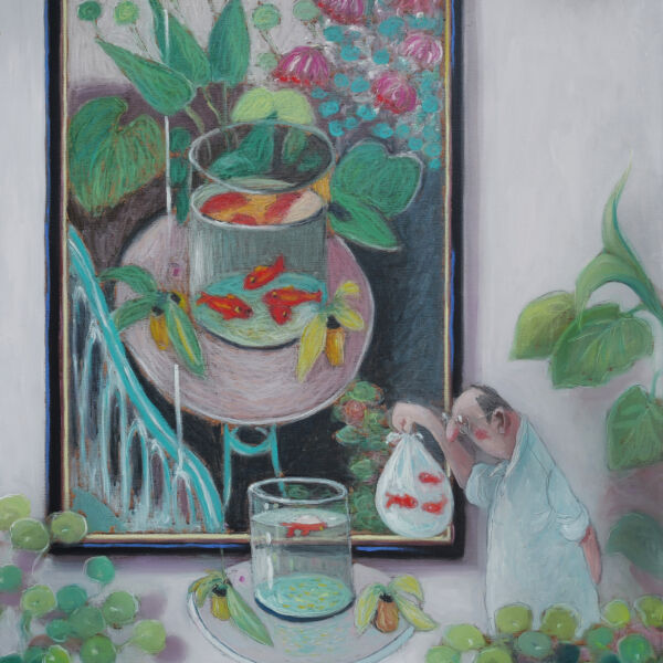 Thomas Bossard - Les poissons rouges - huile sur toile - 92 x 73 cm
