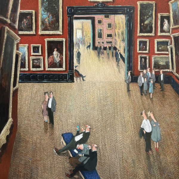 Thomas Bossard - Trio au téléphone sur banquette bleue - huile sur toile - 116 x 89 cm