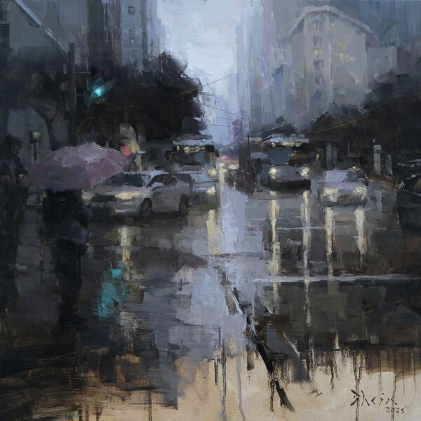 Jacob Dhein - Market Street morning rain - huile sur bois - 60 x 60 cm